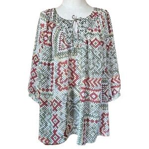Alfred Dunner 18W Abstract Geometric Long Sleeve Blouse Front Tie Boho